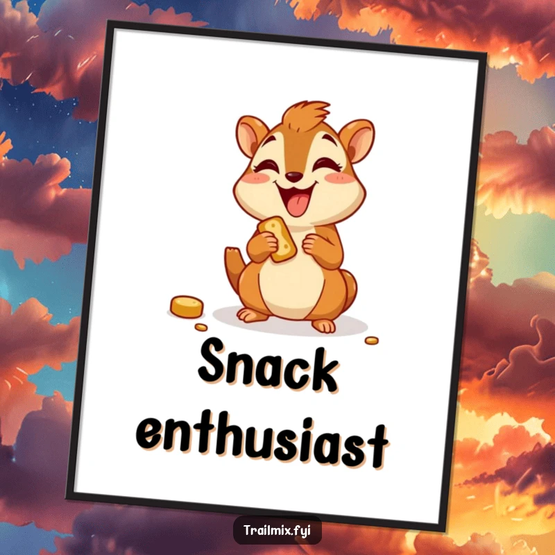 Funny digital art print of a joyful chipmunk character happily munching on a trail snack, full of glee.