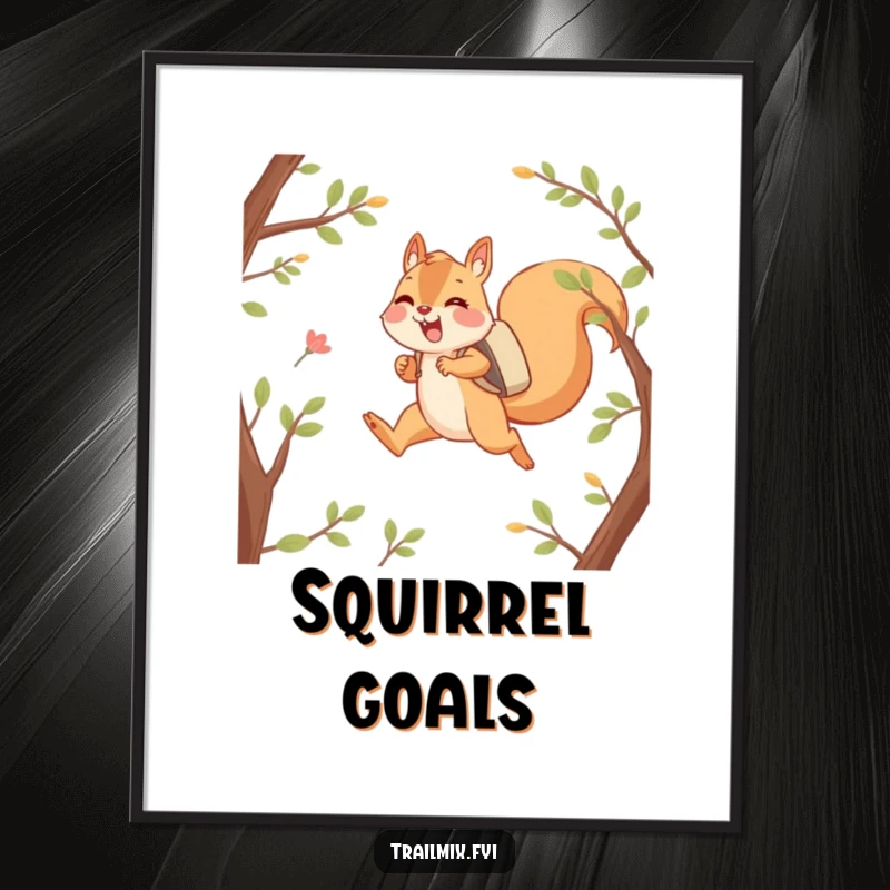 Funny digital art print of a happy squirrel character joyfully leaping between branches with a backpack, offering instant adventurous decor.
