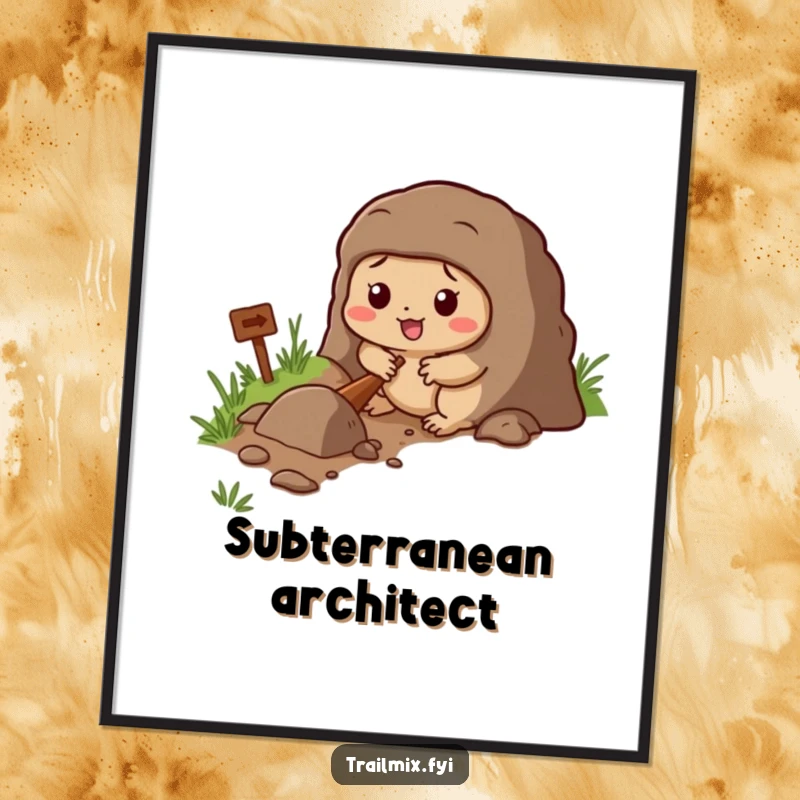 Funny digital art print of a determined mole character digging a tunnel beside a trail, full of personality.