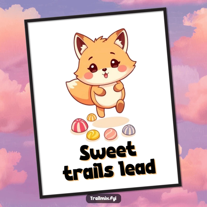 Funny fox character skipping on a trail of colorful candies, high-resolution digital art print, instant humorous decor.
