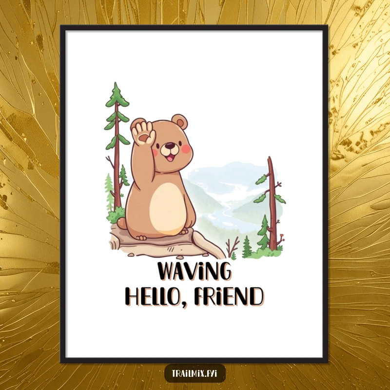 Funny Bear Digital Art: A happy bear waves hello from a scenic overlook, offering instant welcoming and scenic wall decor.