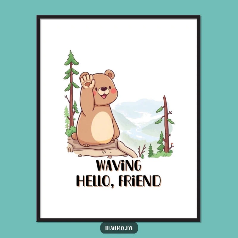 Funny Bear Waving Digital Art - Instant Download Happy Scenic Decor