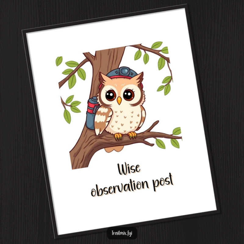 Funny digital art print of a curious owl dressed as a hiker, gazing attentively from a tree branch perch.