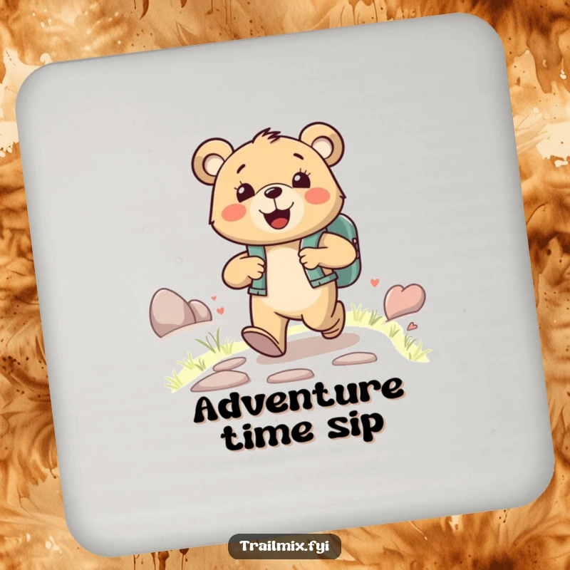 Funny happy bear character wearing a backpack, joyfully striding up a path, on a charming and funny coaster.