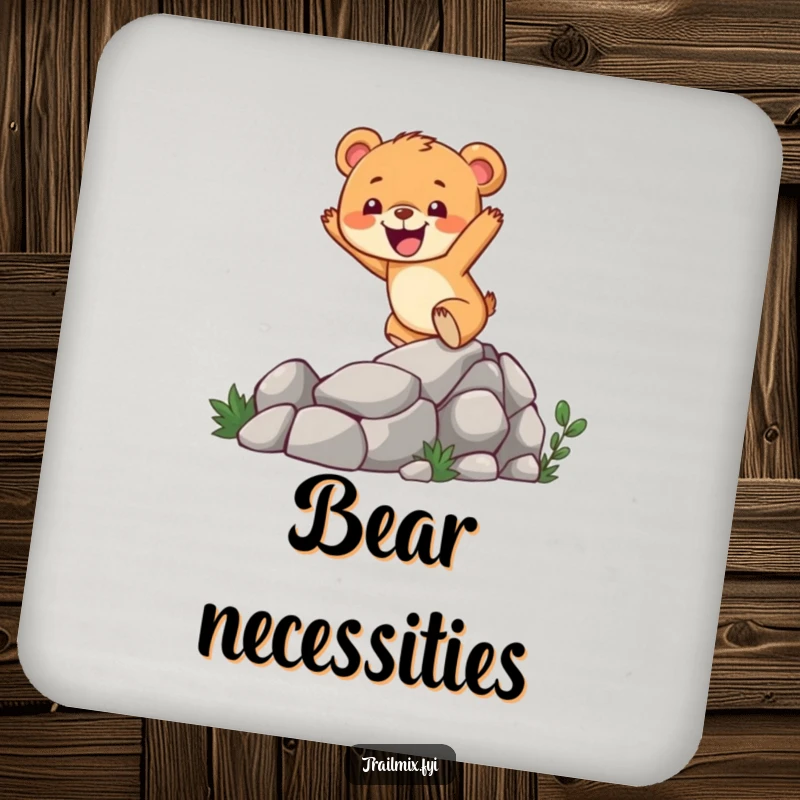 Funny bear cub coaster depicting a cheerful character enthusiastically climbing a rocky trail, protecting furniture with humor.