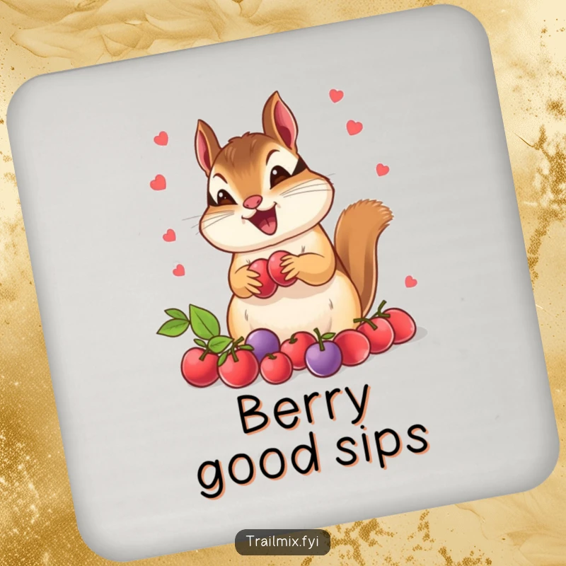Funny chipmunk coaster, depicted as a berry guardian, looking determined and slightly comical. Protects furniture with humor.