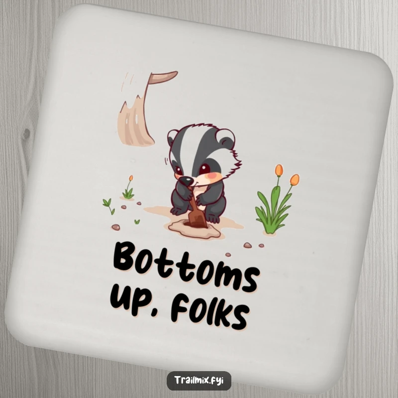 Funny drink coaster with a determined badger digging a hole on a path, offering surface protection and a funny, hardworking vibe.
