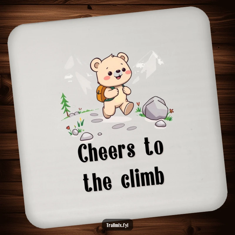 Funny Bear Cub Coasters: Coasters showing a happy bear cub with a backpack joyfully skipping along a mountain path, bringing outdoor cheer.
