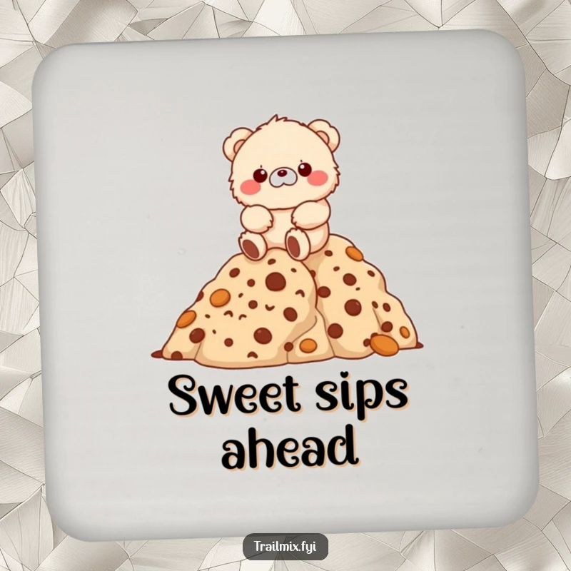 Funny fluffy bear character joyfully hiking up a mountain of cookies on a drink coaster.