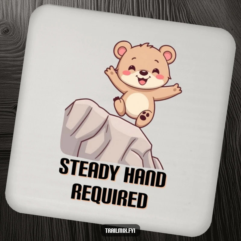 Funny bear cub coaster, happily balancing on a ridge, protects furniture, adds playful charm.