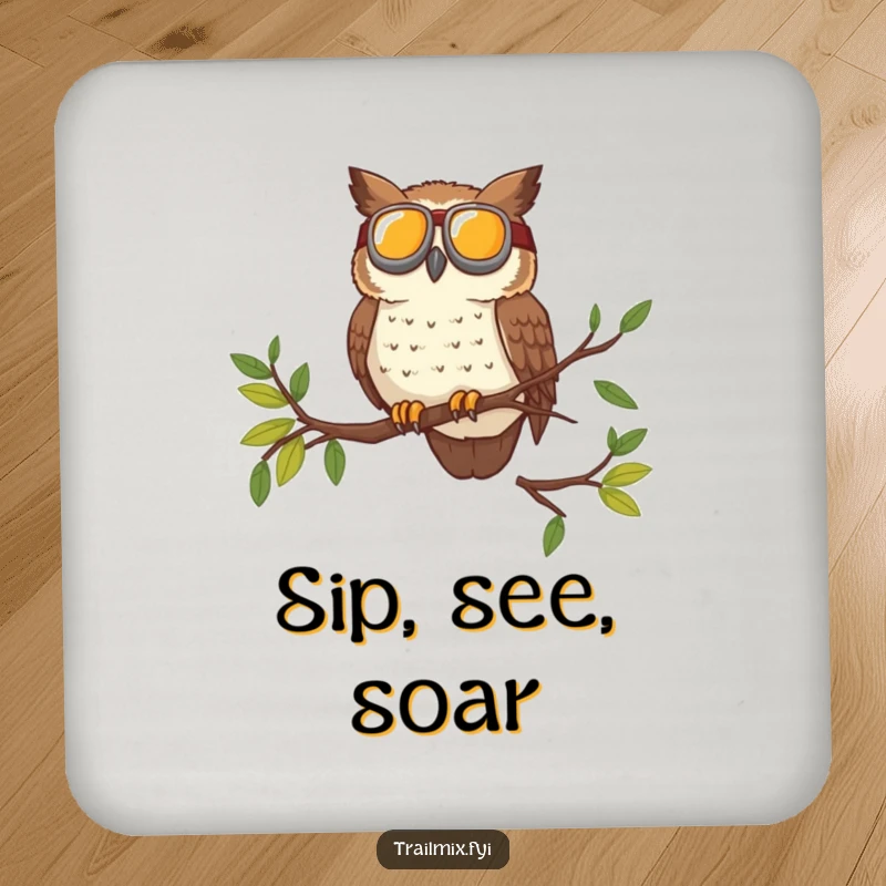 Funny drink coaster set of a brave owl wearing goggles surveying the trail from a high branch, offering adventurous and humorous protection.