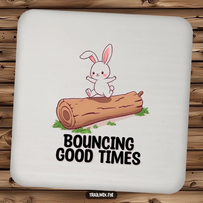 Funny energetic bunny character joyfully skipping over a fallen log, printed on a round drink coaster.