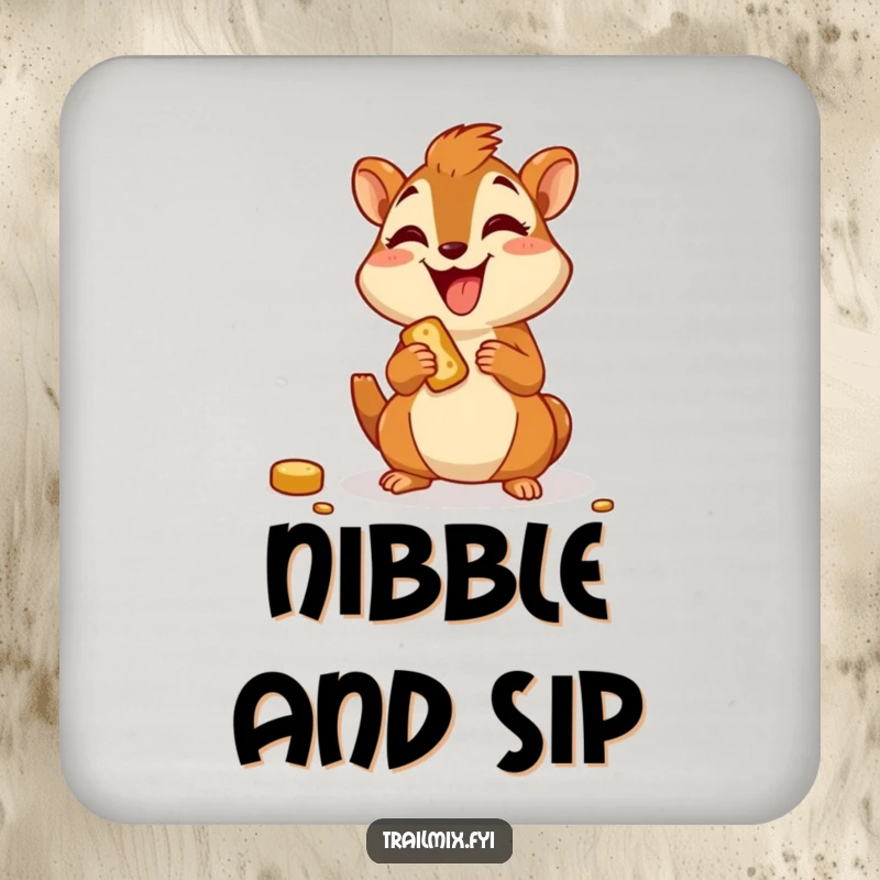 Funny drink coasters with a joyful chipmunk character happily munching on a trail snack, protecting surfaces.