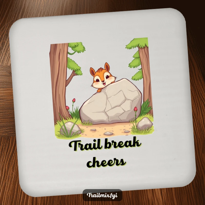 Funny coasters feature a cheerful chipmunk peeking from behind a rock, offering protection with a touch of woodland, humorous charm.