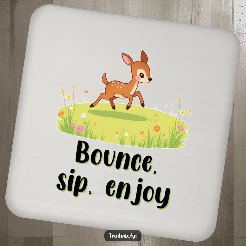 Funny drink coaster featuring a playful deer bounding through a meadow, adding lively and natural charm to any surface.