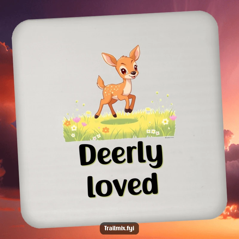 Funny deer fawn drink coaster depicting a gleeful fawn bounding through a sunlit meadow, adding enchanting meadow flair.