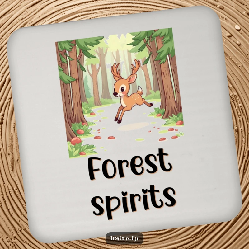 Funny deer drink coaster, depicted energetically bounding through a forest clearing, a humorous way to protect surfaces.