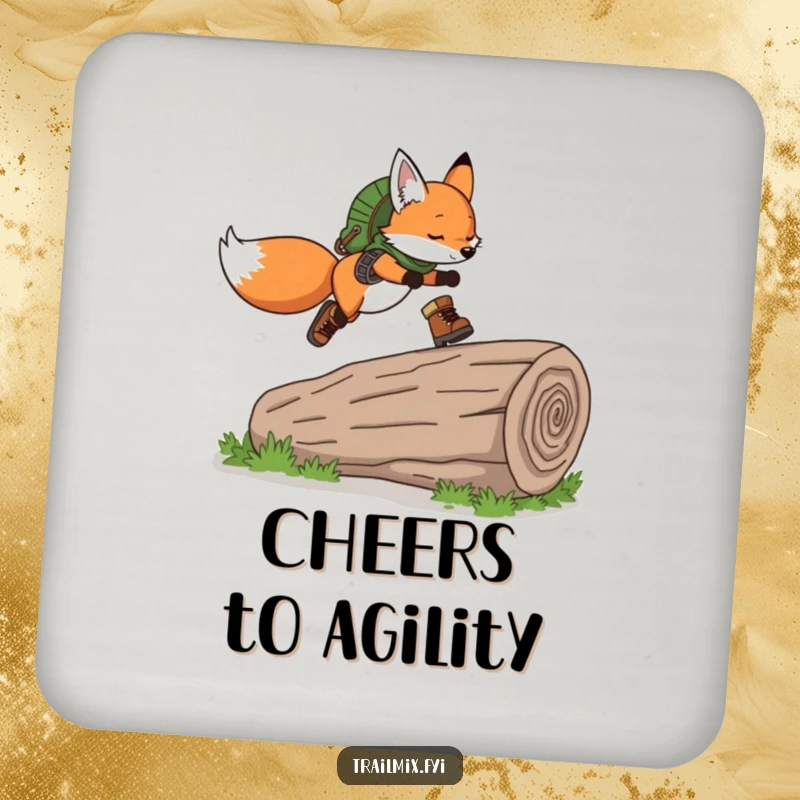 Funny Fox Coasters: Coasters showing a playful fox wearing hiking boots, gracefully leaping over a fallen log, bringing outdoor cheer.