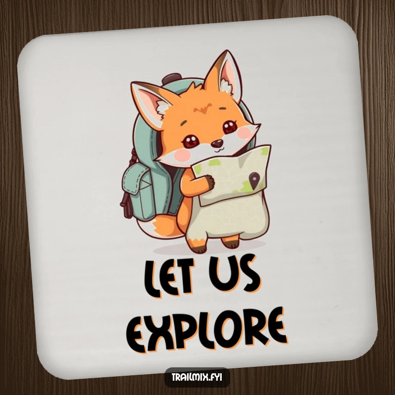 Funny curious fox character peeking out of a backpack with a map, printed on a round drink coaster.