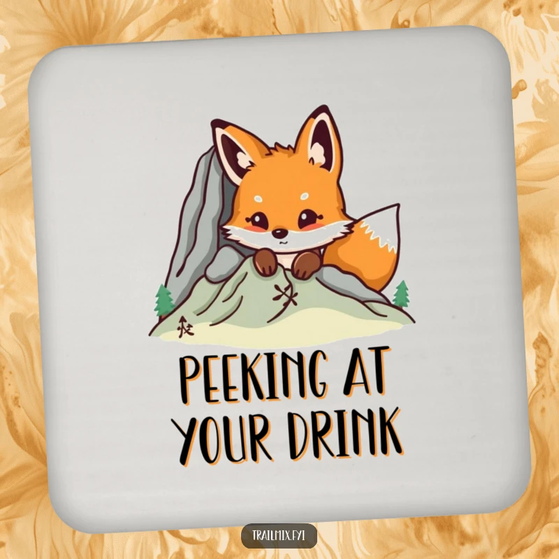 Funny fox peeking from behind a mountain graphic on drink coasters, adding humor and protection to tables.