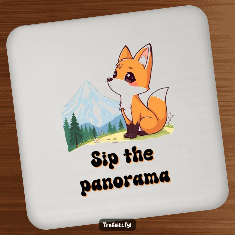Funny drink coasters showcasing a curious fox looking up at a mountain vista, adding artistic and humorous flair to tables.