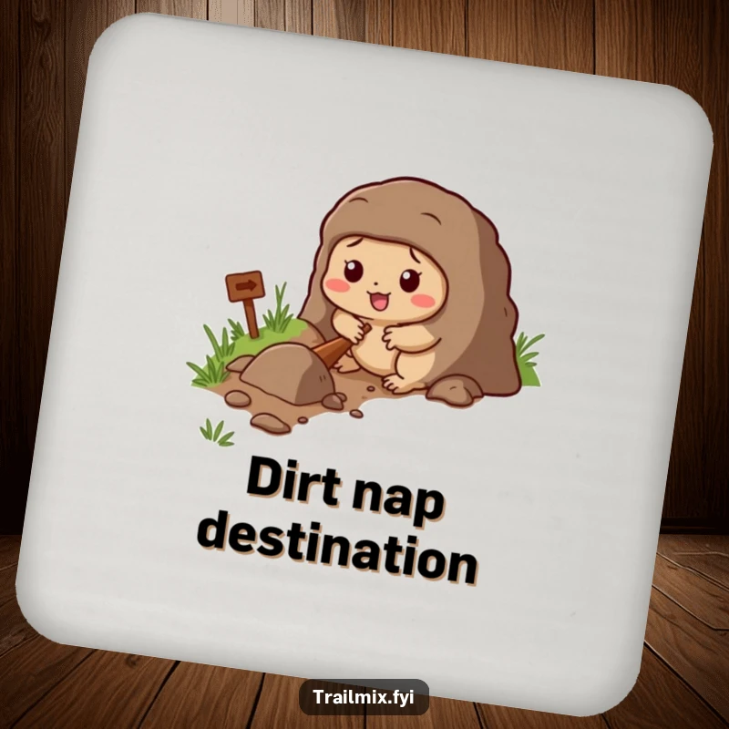 Funny drink coasters with a determined mole character digging a tunnel, protecting surfaces with humor.