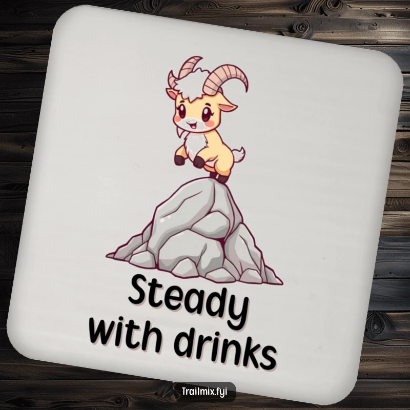 Funny Mountain Goat Coaster: A determined goat balances on a rocky outcrop, protecting furniture with a humorous design.