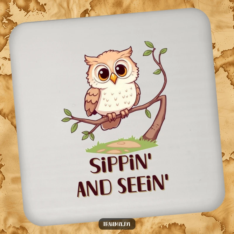 Funny drink coasters with a curious owl character perched on a branch, protecting surfaces with wisdom.