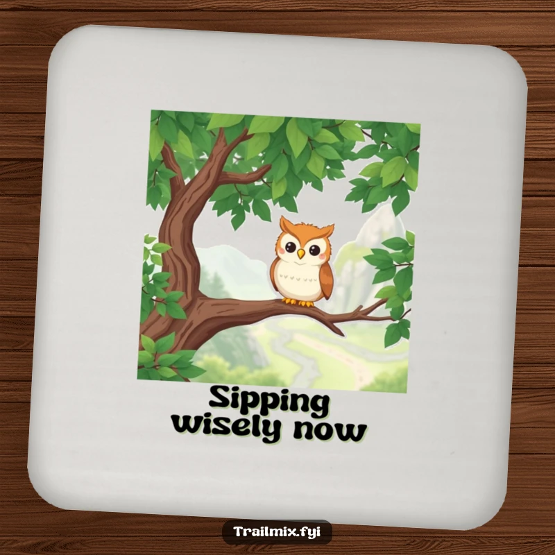Funny Owl Coaster: A smiling owl on a branch looks out over a scenic hiking route, adding humor and protection.