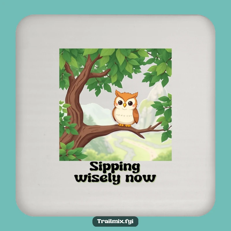 Funny Owl Hiker Drink Coaster: Protect Surfaces with Scenic Nature Art, Whimsical Bird Coaster