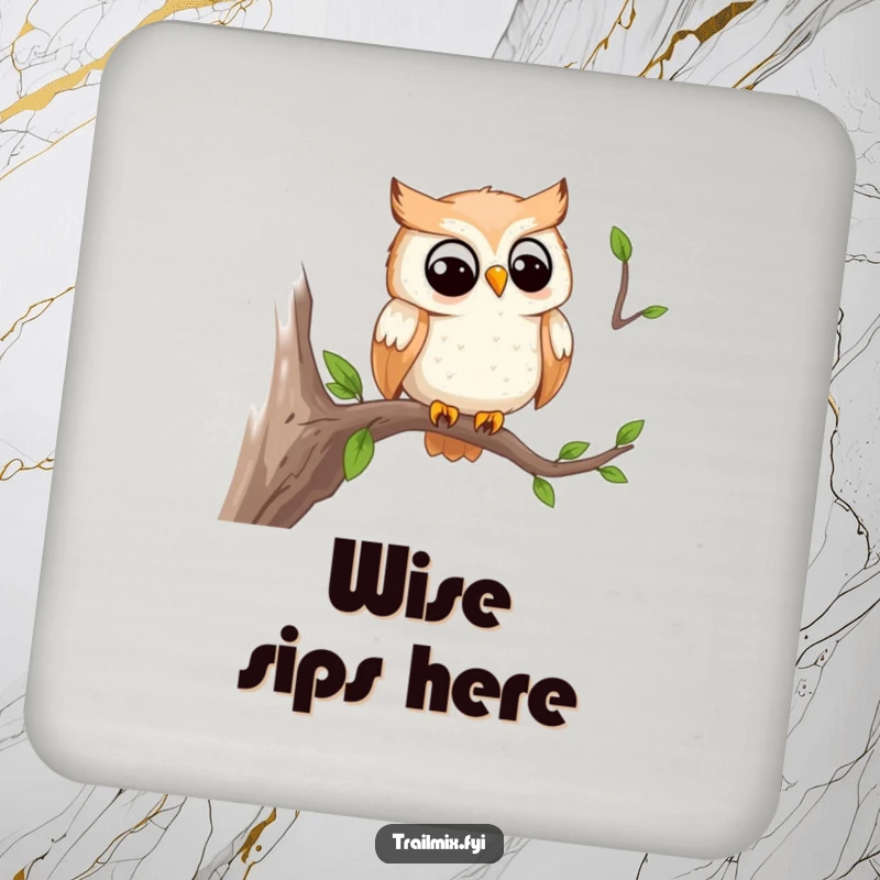 Funny coasters featuring a smiling owl observing the trail from a branch, adding humorous charm and protecting surfaces.