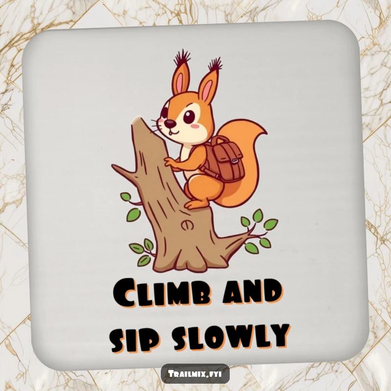 Funny determined squirrel with backpack climbing a tree on drink coasters, adding humorous protection.
