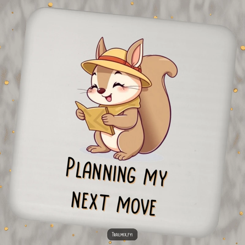 Funny squirrel scout coaster, curious expression while holding map, cheerful design, protects furniture from drinks.