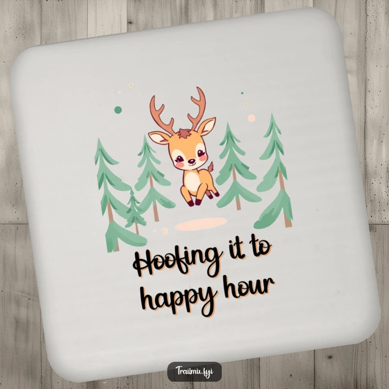 Funny Cheerful Deer Coaster: A coaster featuring a cheerful deer character frolicking through abstract pine trees.