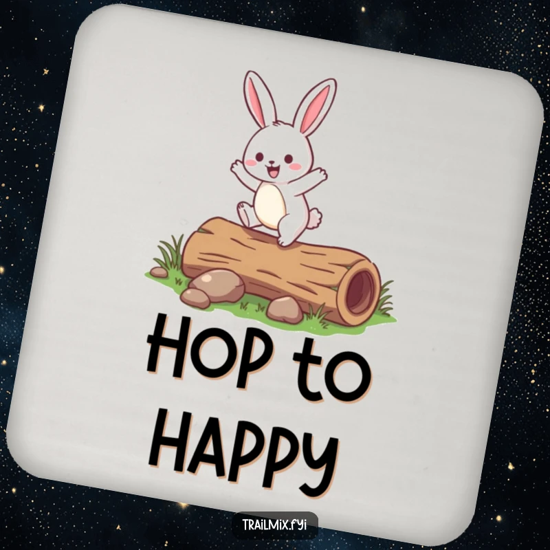 Funny rabbit drink coaster depicting a jovial rabbit hopping over a small fallen log, adding cheerful meadow flair.