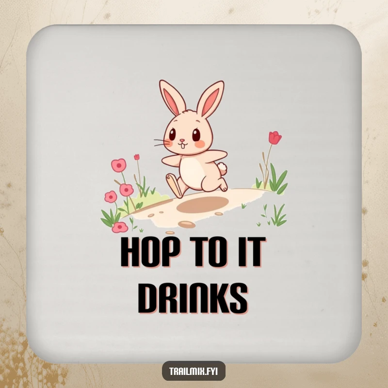Funny drink coasters showing a playful rabbit hopping energetically on a trail, adding a fun and dynamic touch to surfaces.