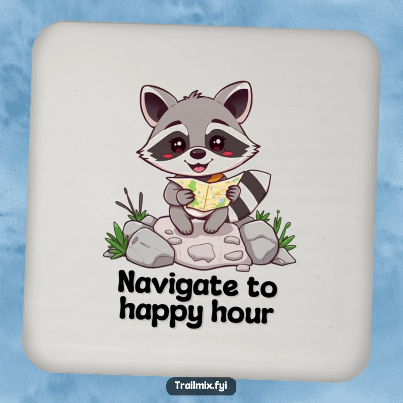 Funny happy raccoon with a map navigating a rocky path on drink coasters, adding humorous protection.