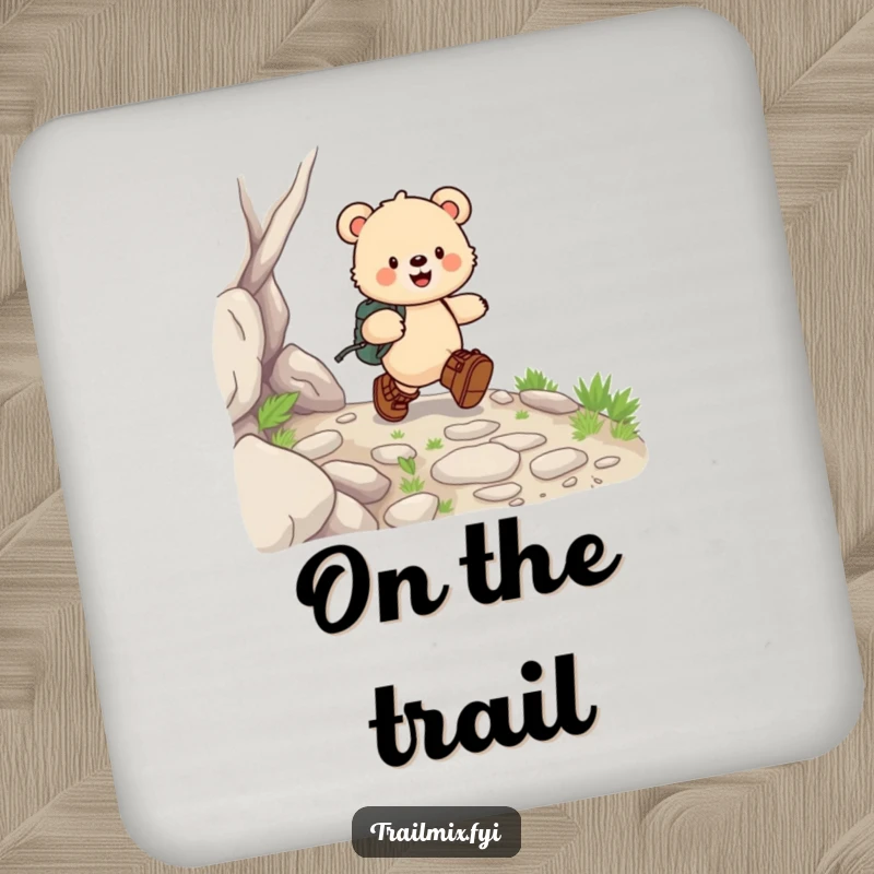 Funny bear cub drink coaster, depicted happily skipping in hiking boots on a rocky path, a humorous way to protect surfaces.