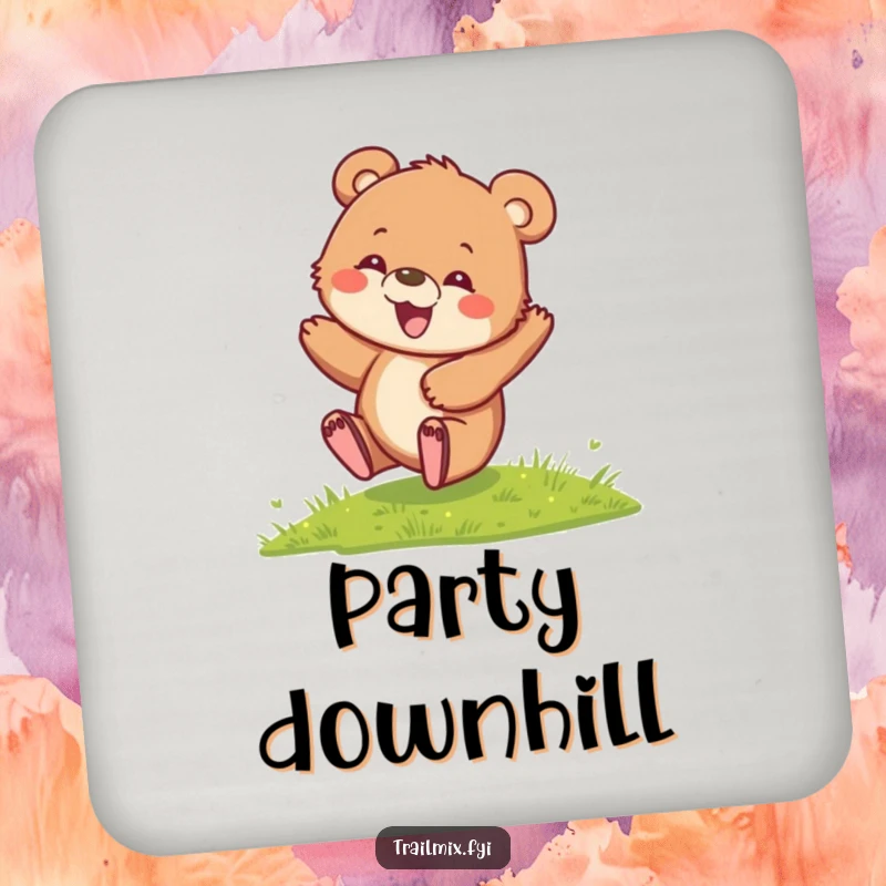 Funny Bear Cub Coasters set showing a delighted cub rolling down a hill, perfect for adding playful charm and humor to any table.
