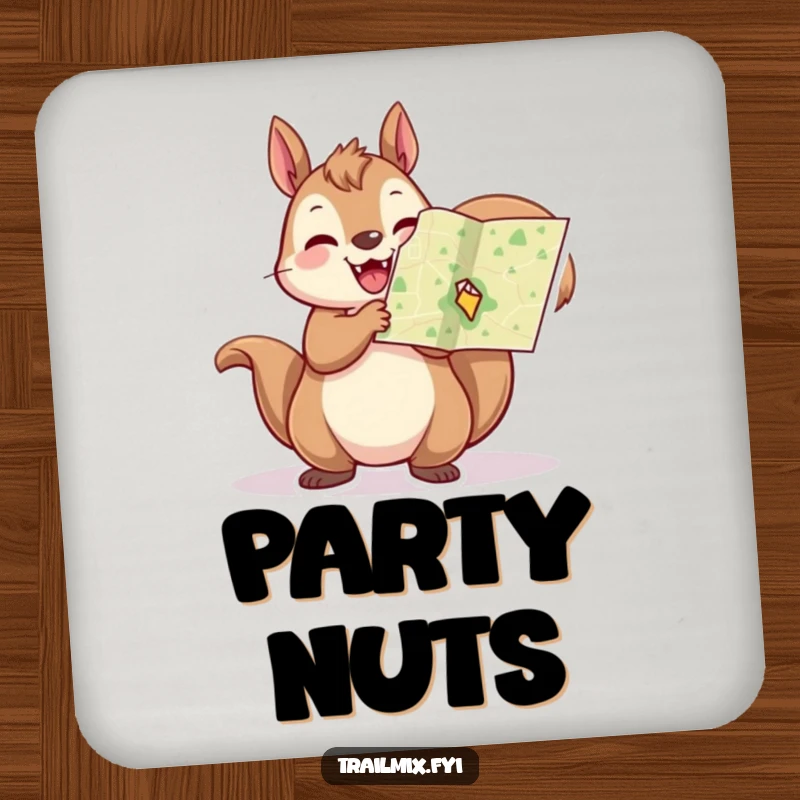 Funny squirrel drink coaster, depicted cheerfully holding a tiny map aloft, a humorous way to protect surfaces during planning sessions.