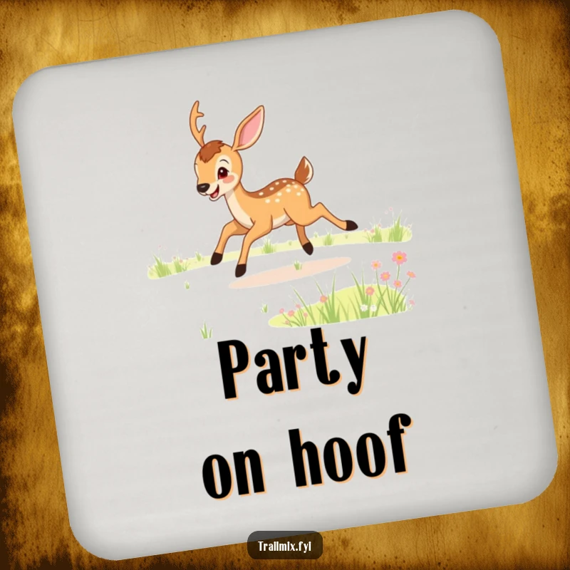 Funny drink coaster with a joyful deer bounding through a meadow, offering surface protection with a splash of funny, natural art.