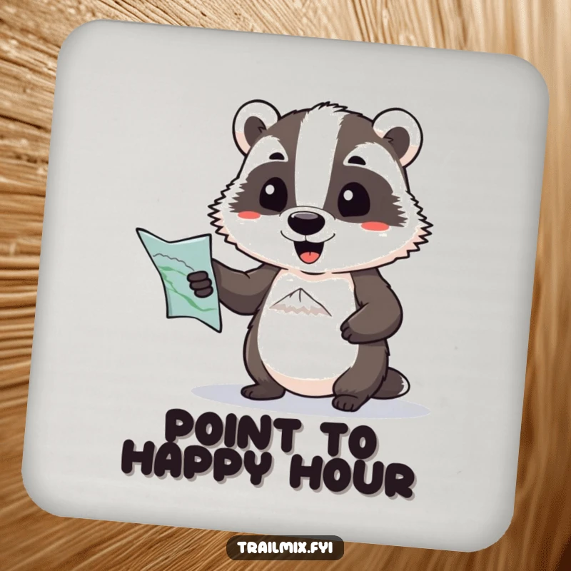 Funny coasters: a determined badger with a map comically pointing towards a distant peak, protecting surfaces with humorous flair.