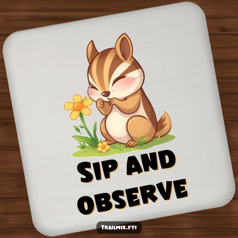Funny Chipmunk Coaster: A curious chipmunk examines a wildflower, adding humorous and natural protection for your drinks.
