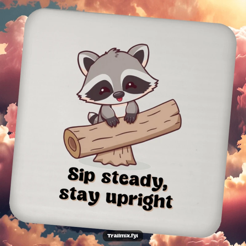 Funny drink coaster depicting a playful cartoon raccoon comically balancing on a log, adding a humorous touch.