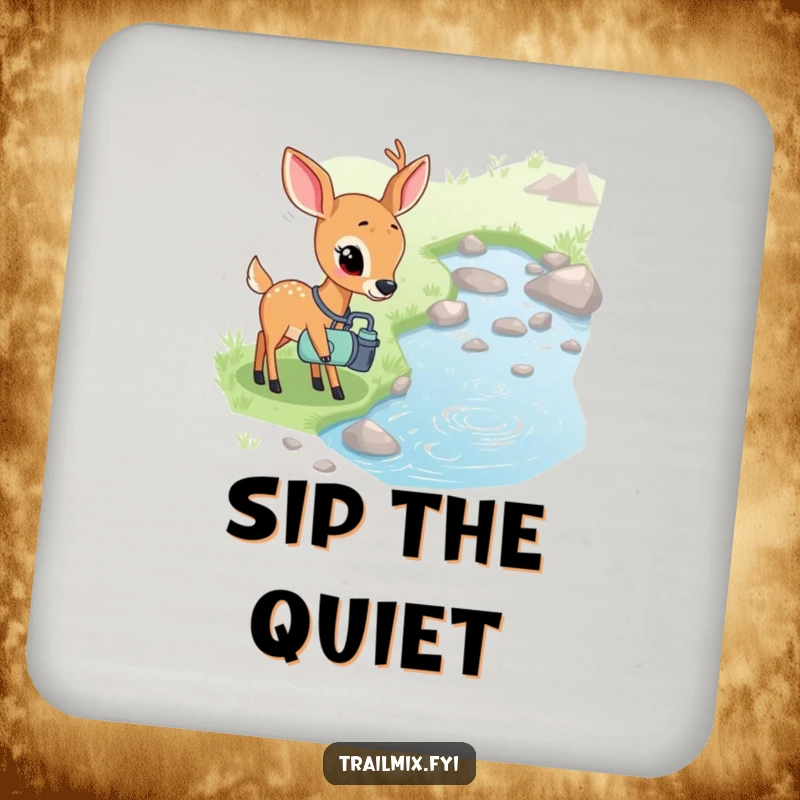 Funny drink coaster set of a shy deer with a canteen curiously observing a bubbling stream, offering peaceful and humorous protection.