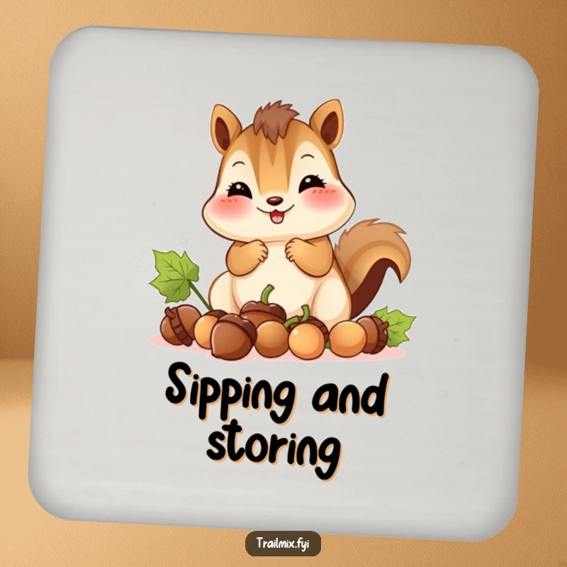 Funny coaster shows a chipmunk with bulging cheeks collecting acorns, offering protection with woodland charm and humor.