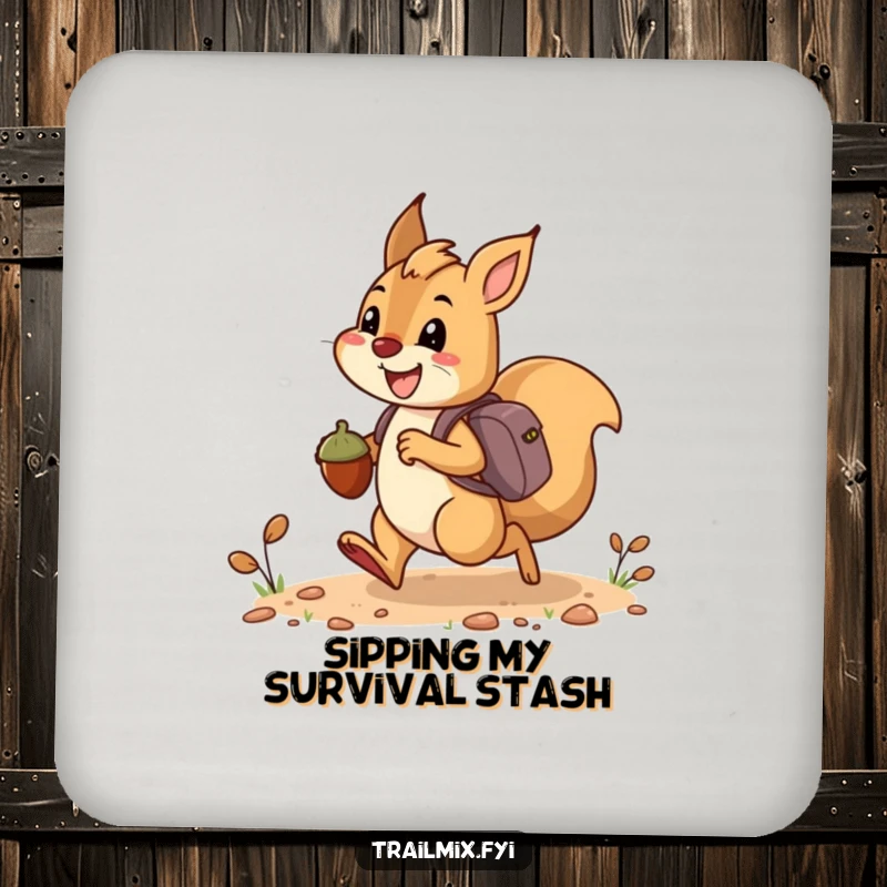 Funny drink coaster with a happy squirrel bounding along a trail, carrying acorns like tiny backpacks, protecting surfaces stylishly.