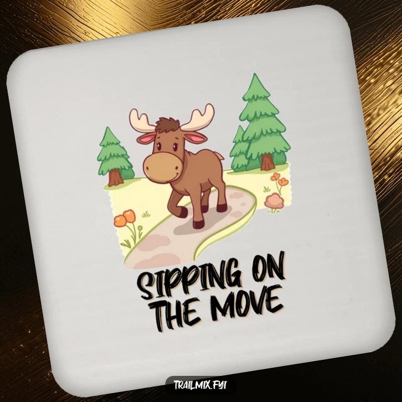 Funny moose coaster, illustrated ambling along a winding path, bringing a touch of serene nature to your drink station.