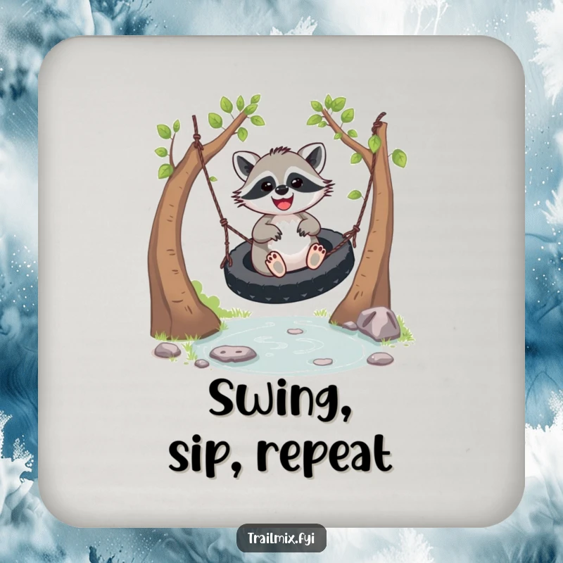 Funny joyful racoon coaster, depicted swinging on a tire swing over a stream. Whimsical and practical drink accessory.