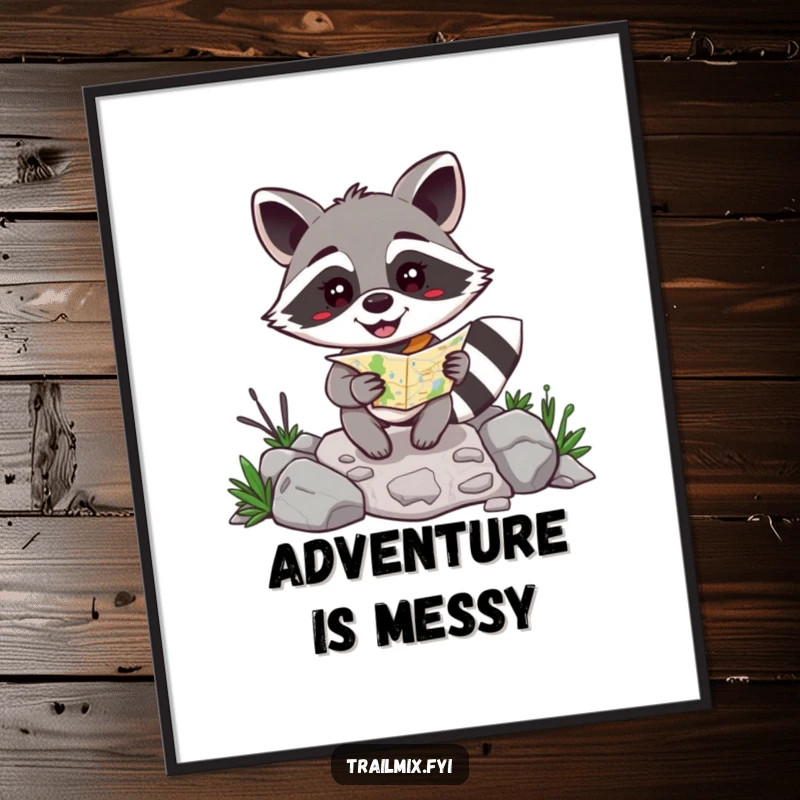 Funny happy raccoon with a map navigating a rocky path, humorous poster art for adventurers.